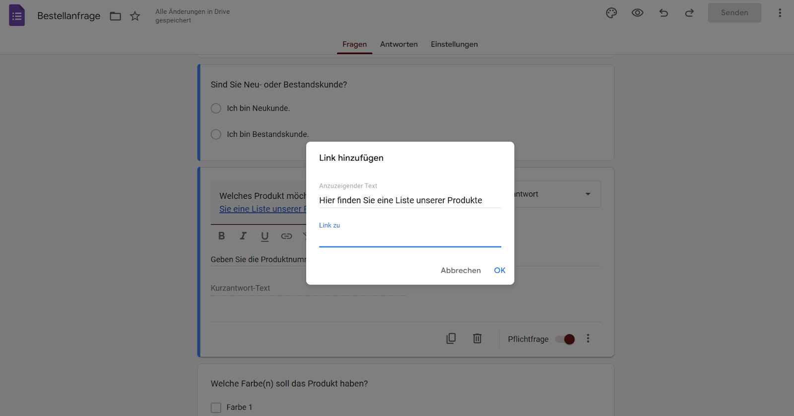 Ein Bild des Einstellungsmenüs „Link hinzufügen“