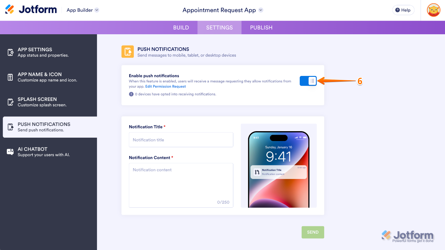 App Builder Push Notifications settings showing the switch icon turned on to enable push notifications