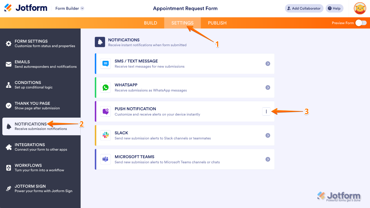Form Builder interface with the Settings tab selected in the orange top navigation bar and Notifications highlighted in the left menu
