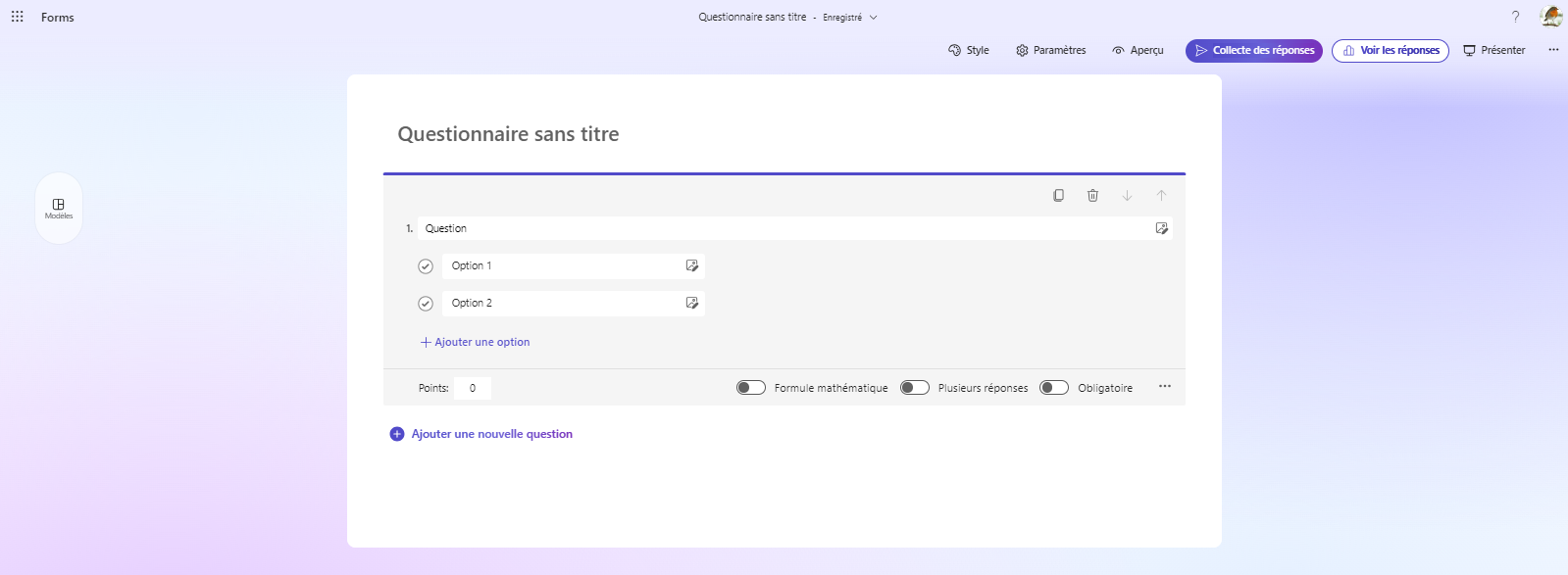 Capture d'écran d'un formulaire Microsoft Forms intitulé « Questionnaire sans titre » avec une question à deux options et un bouton « Ajouter une nouvelle question »