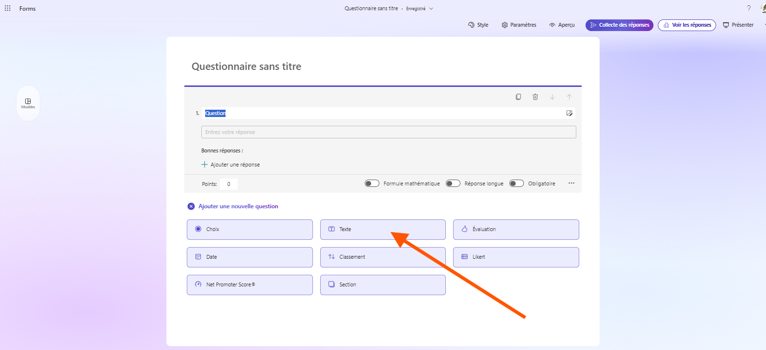 apture d'écran d'une question dans un formulaire Microsoft Forms avec le bouton « Ajouter une nouvelle question » montrant huit options : Choix, Texte, Évaluation, Date, Classement, Likert, Net Promoter Score® et Section »