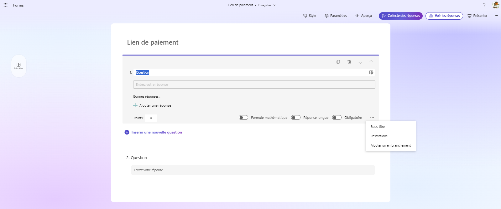 Capture d'écran d'une nouvelle question Texte dans Microsoft Forms avec le titre « Lien de paiement »
