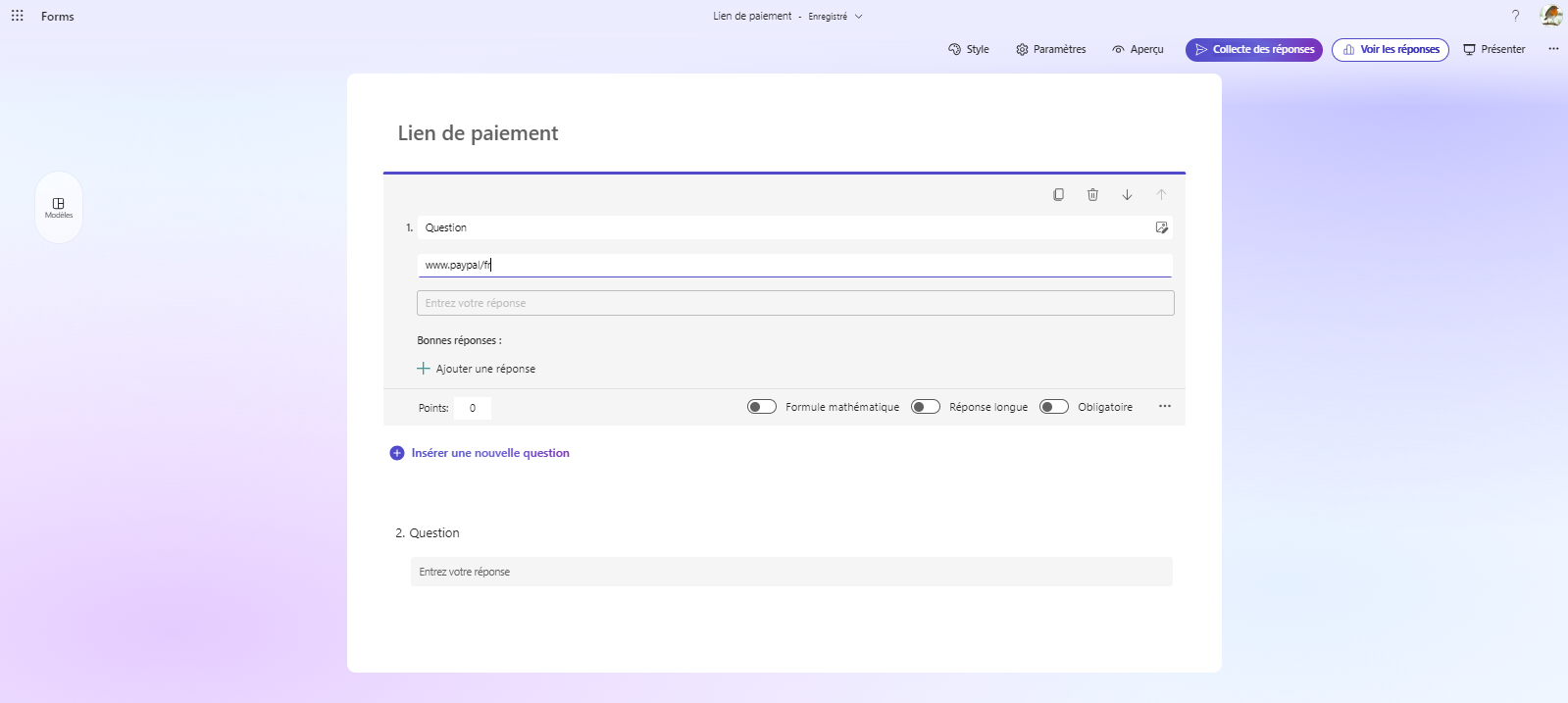 Capture d'écran d'une question Texte dans un formulaire Microsoft Forms intitulée « Lien de paiement » avec un sous-titre du type « http://www »