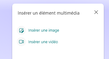Capture d'écran du menu « Insérer un élément multimédia » dans Microsoft Forms avec l'option«  Insérer une image » en surbrillance