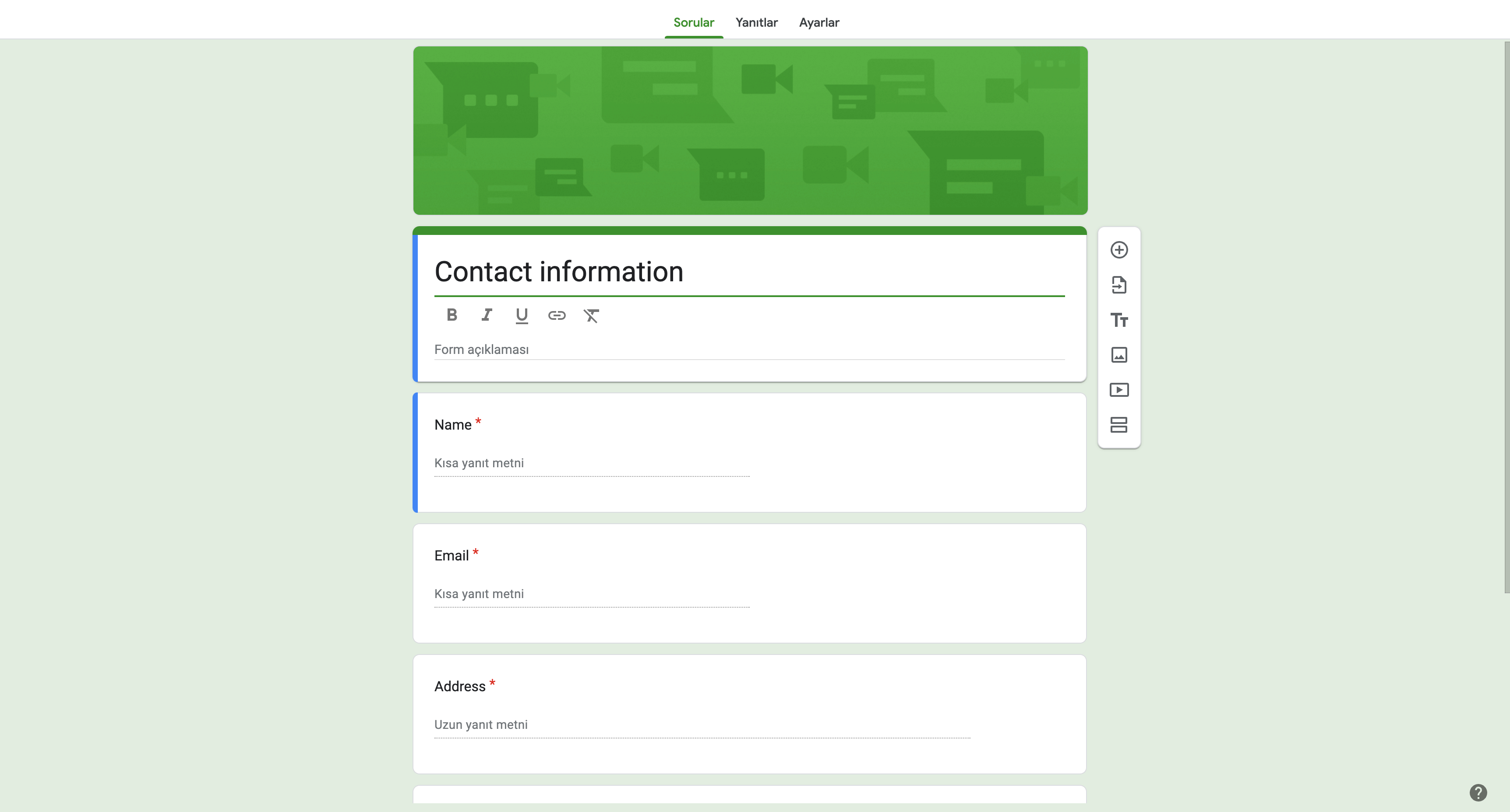 Google Forms interface in Turkish