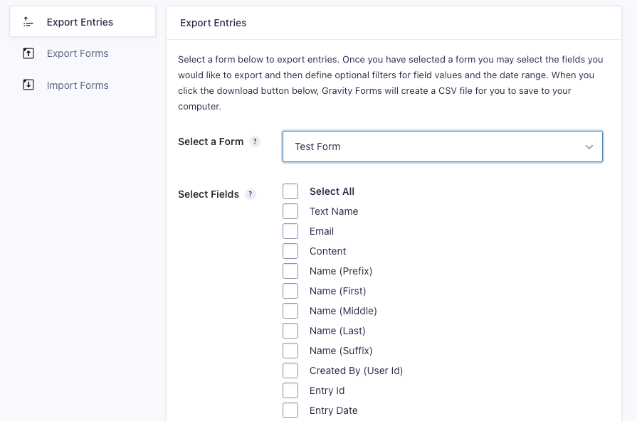 Gravity Forms form entries export option
