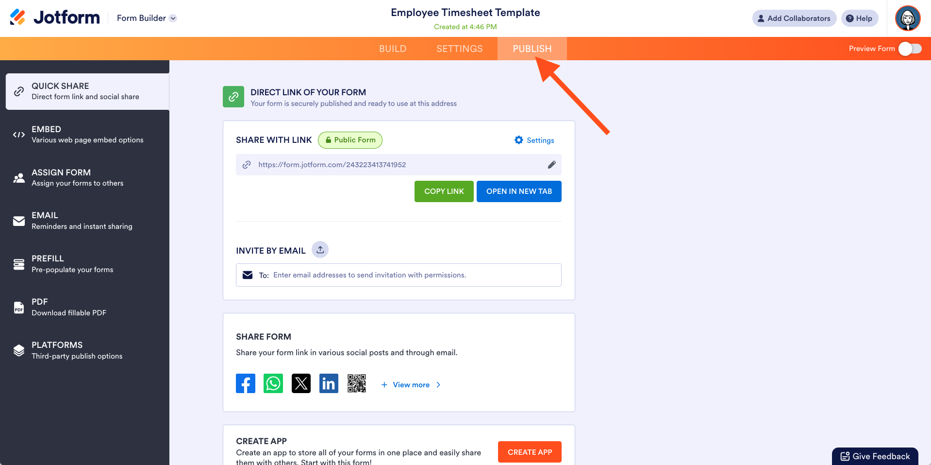 Screenshot of Jotform Form Builder with arrow pointing the "Publish" tab