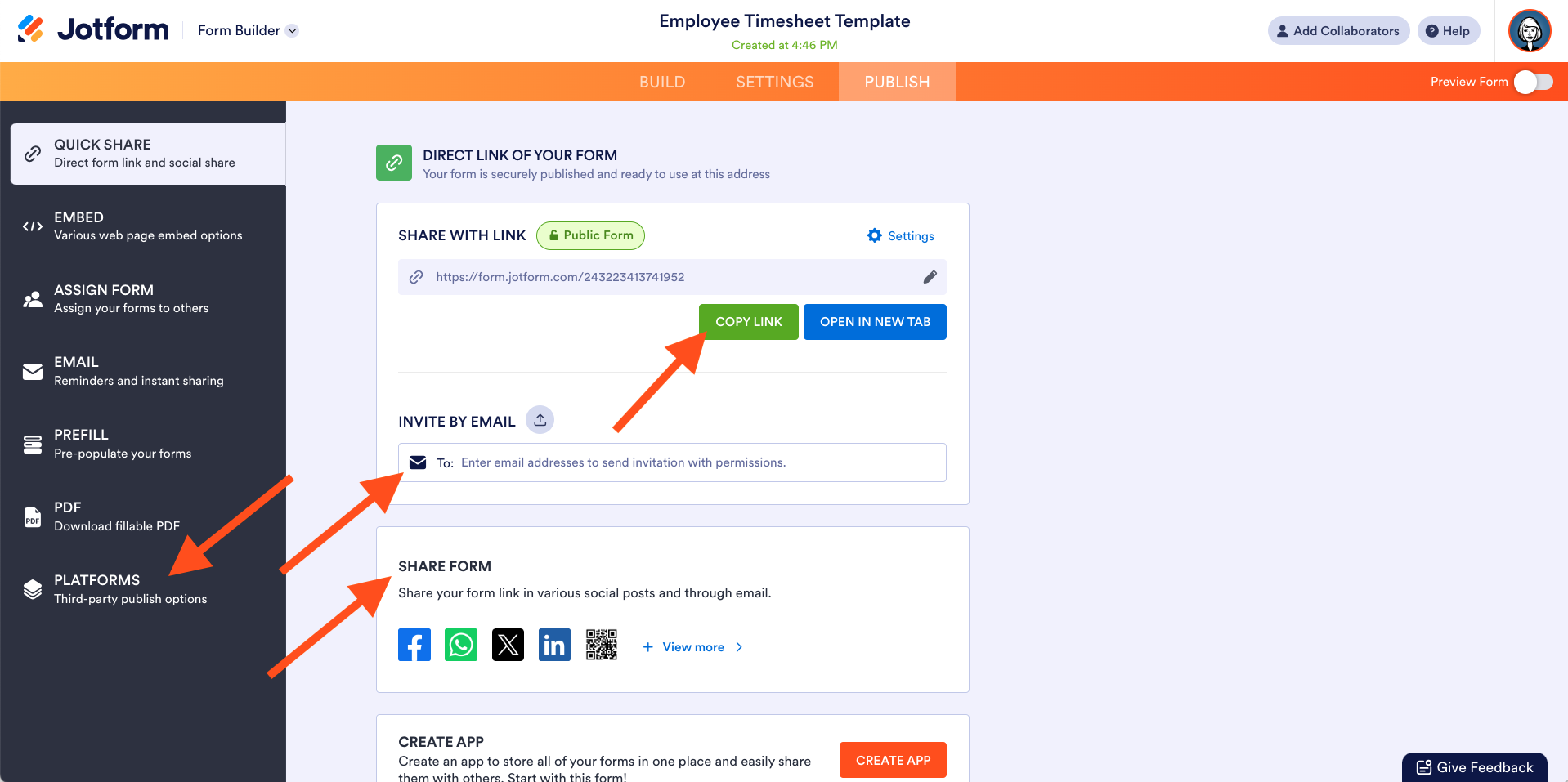 Screenshot of the “Publish” page in Jotform Form Builder with arrows pointing to the "copy link," "invite by email," "share form," and "Platforms" options