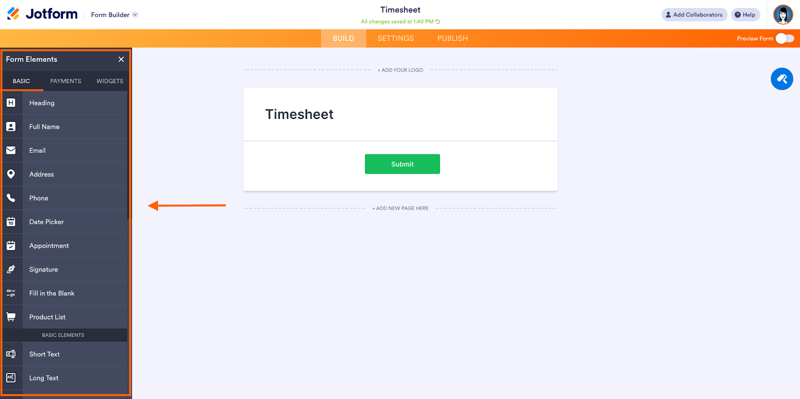 Screenshot of Jotform Form Builder with the “Form Elements” menu open