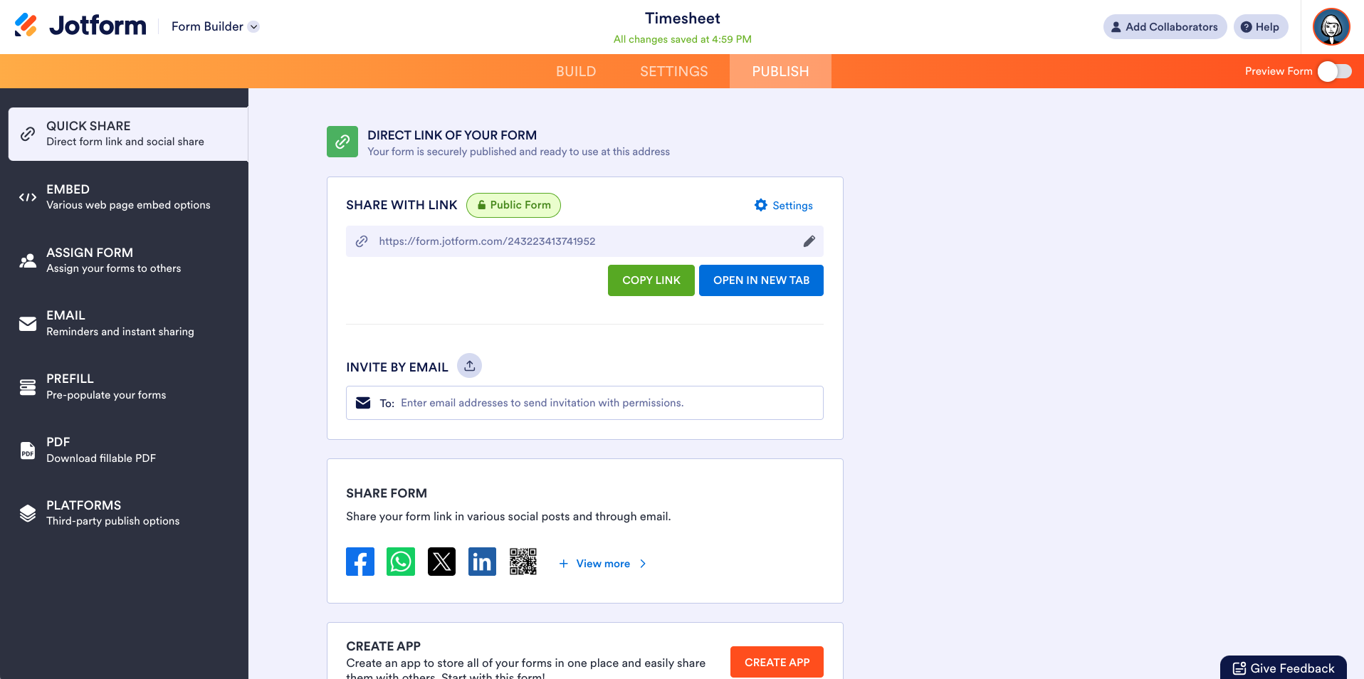 Screenshot of Jotform Form Builder with Publish tab highlighted