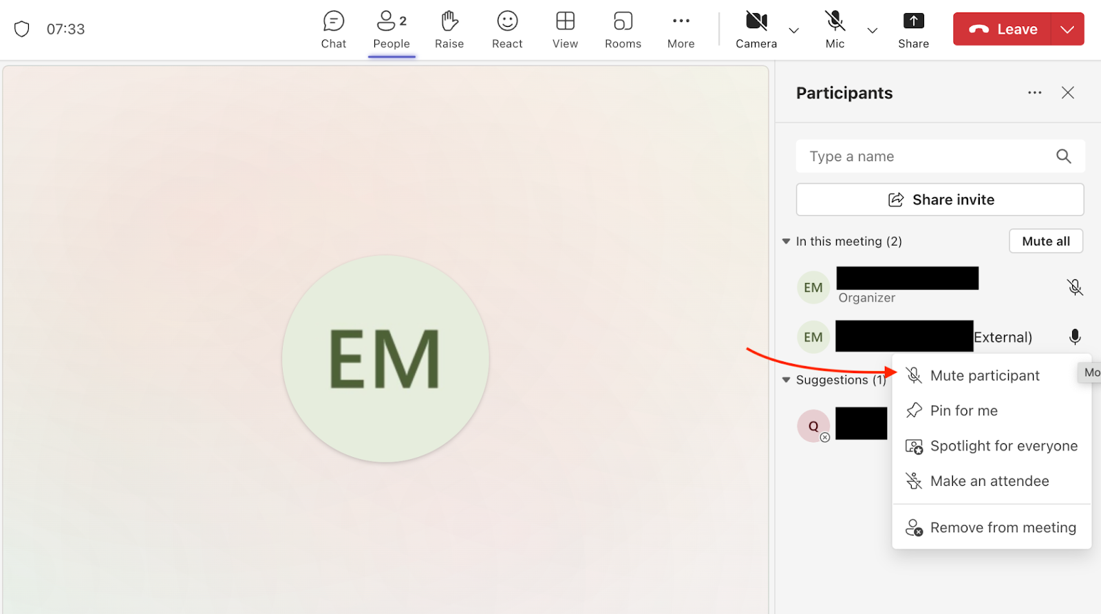 Clicking on the Mute participant option from the Participant window in Microsoft Teams
