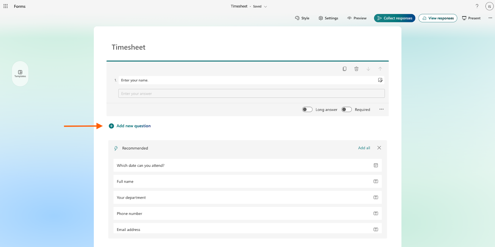 Screenshot of Microsoft Forms with arrow pointing to Add new question