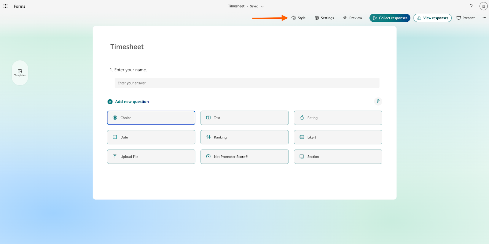 Screenshot of Microsoft Forms with an arrow pointing to the Style icon