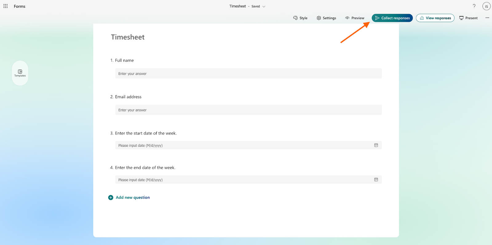 Screenshot of Microsoft Forms, with arrow pointing to "Collect responses" button