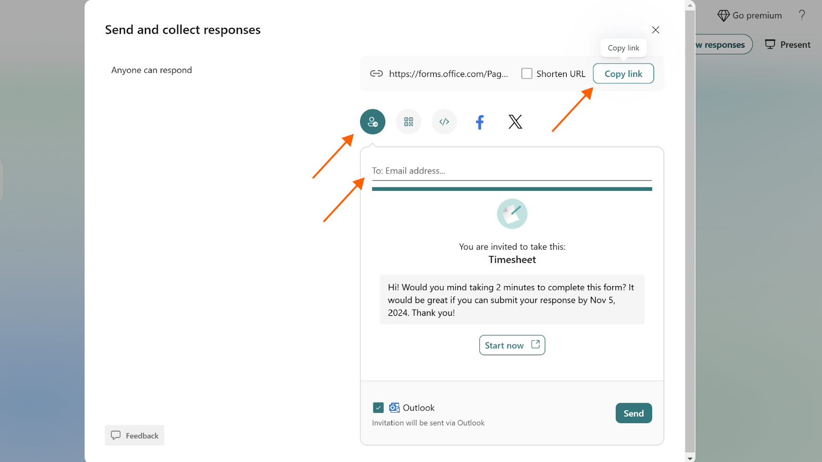Screenshot of Microsoft Forms on the "Send and collect responses" menu, with arrows pointing to the different sharing options