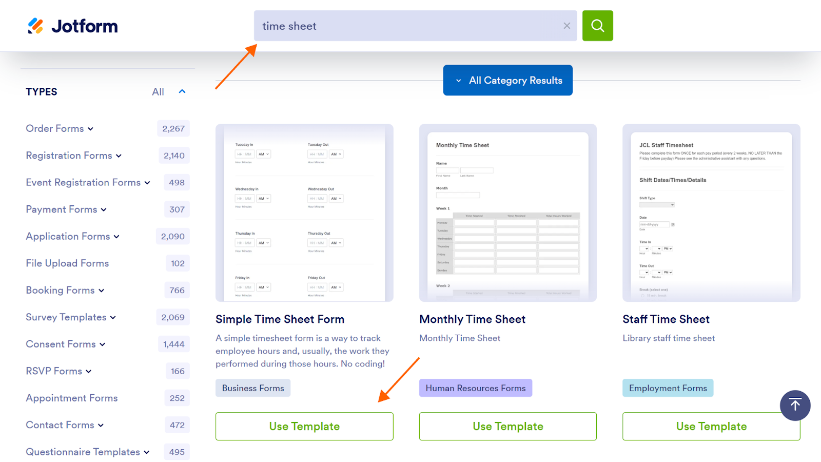 Screenshot of the Jotform template page, with arrows pointing to the search bar with "time sheet" entered and the "Use Template" button
