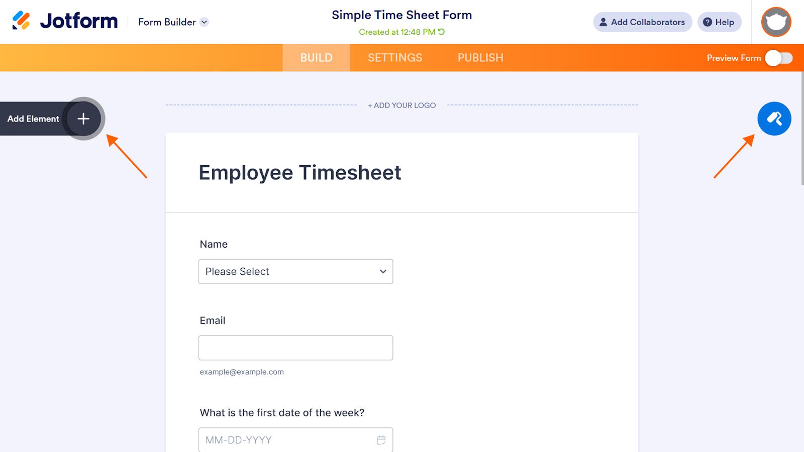 Screenshot of Jotform Form Builder, with arrows pointing to the "Add Element" and "Form Designer" buttons