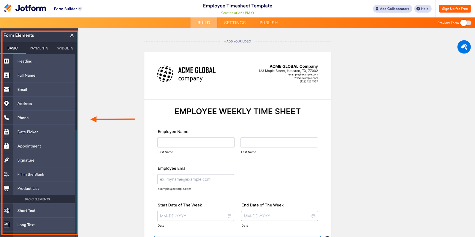 Screenshot of the Jotform Form Builder with the Form Elements menu expanded and highlighted