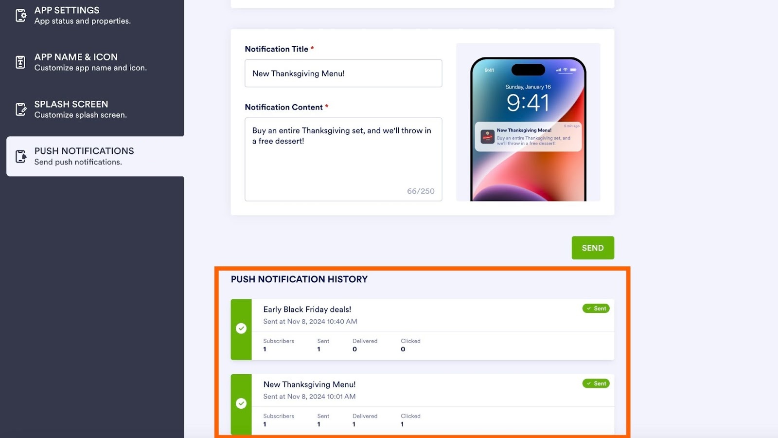 A screenshot of Push Notification History