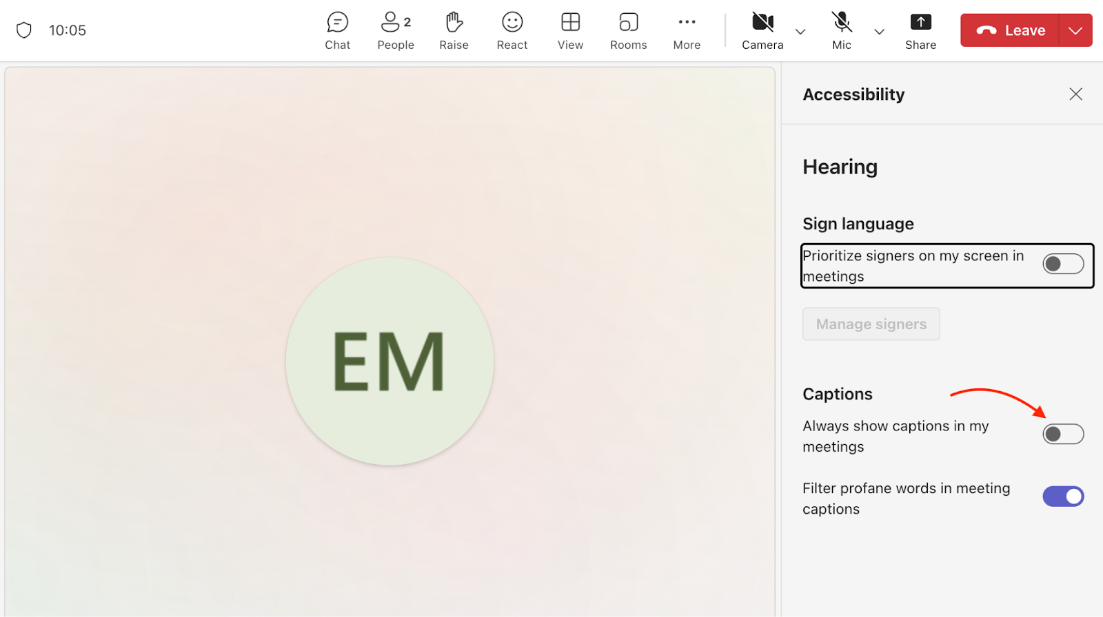 Toggling Always show captions in my meeting option to on Under the Accessibility Window in Microsoft Teams