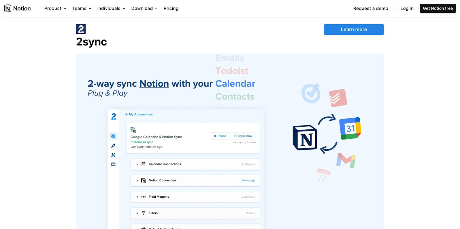 Screenshot of 2sync integration listing in Notion