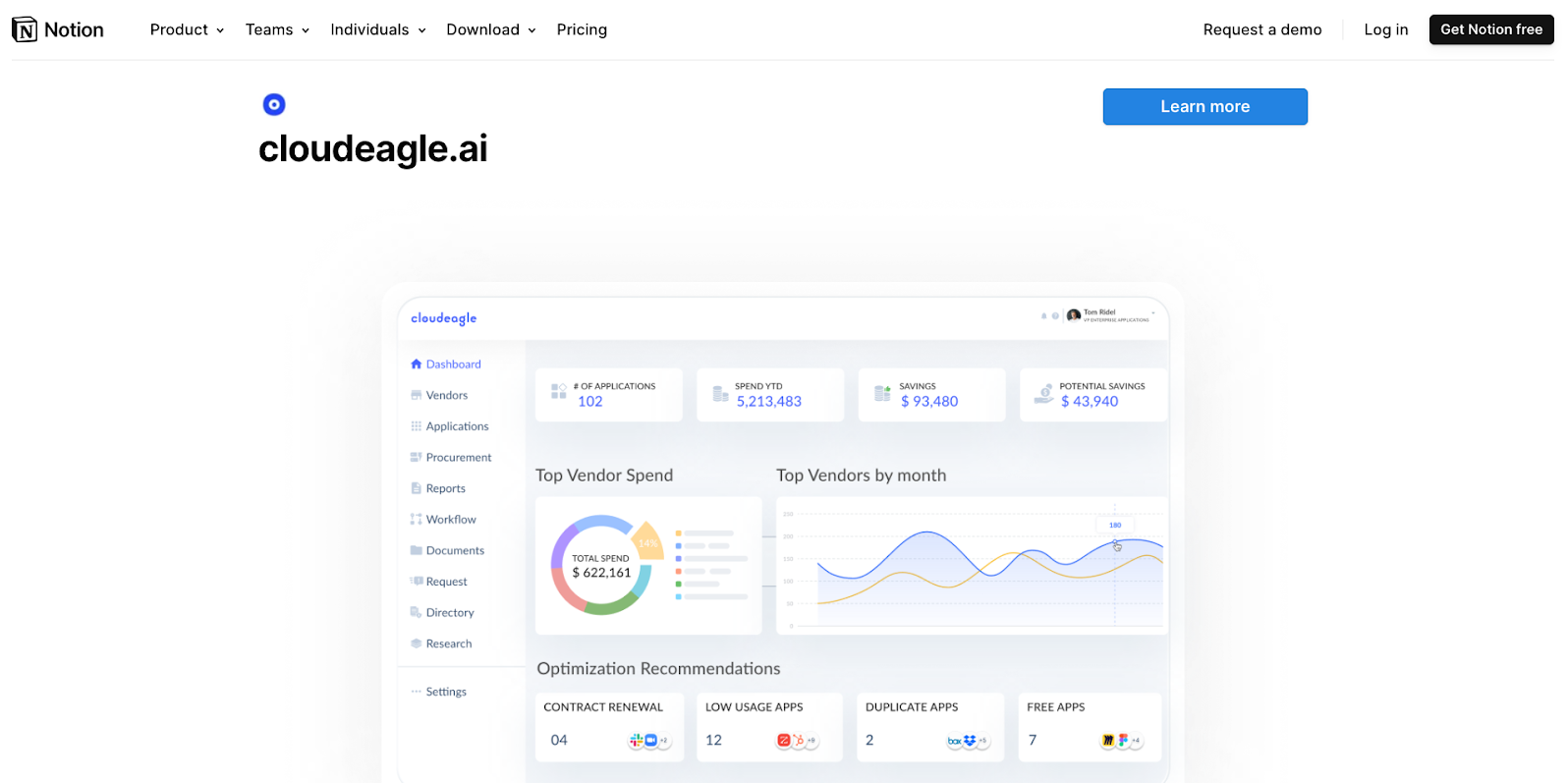 Screenshot of CloudEagle integration listing in Notion