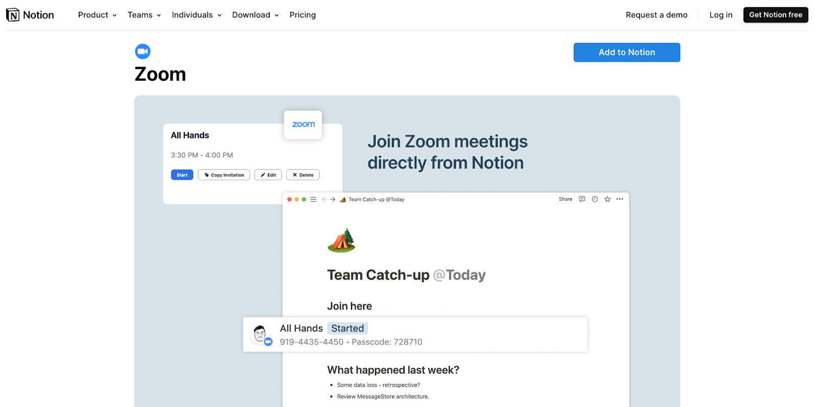 Screenshot of Zoom integration listing in Notion