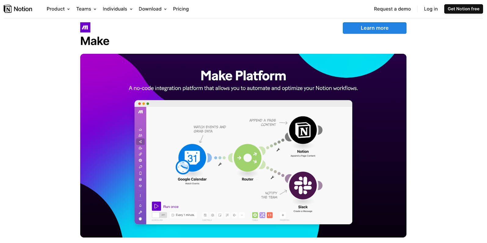 Screenshot of Make integration listing in Notion