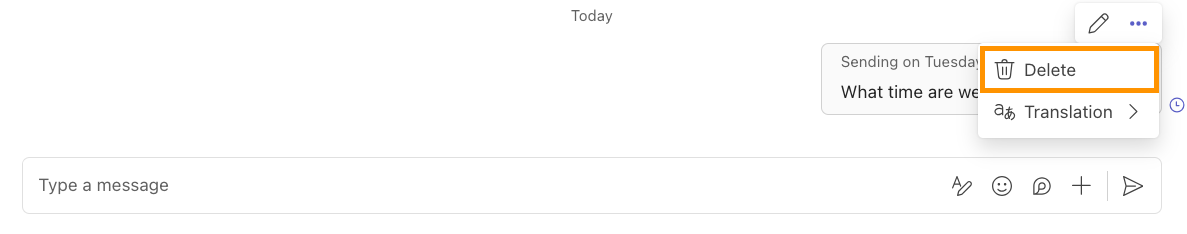 Screenshot of a scheduled message in Microsoft Teams with option to deleted a scheduled message highlighted