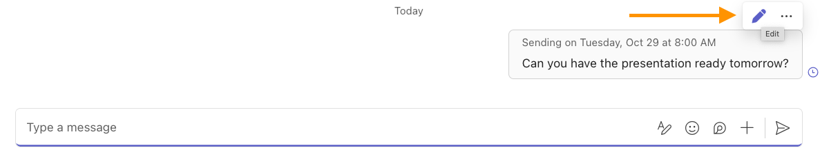 Screenshot of a scheduled chat message in Microsoft Teams indicating the pencil icon to edit the message