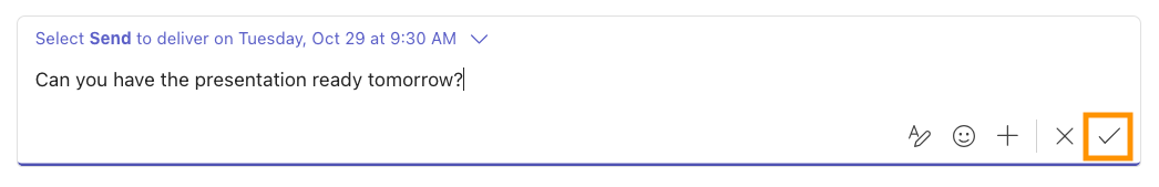 Screenshot of an edited Microsoft Teams scheduled chat message highlighting the Send button
