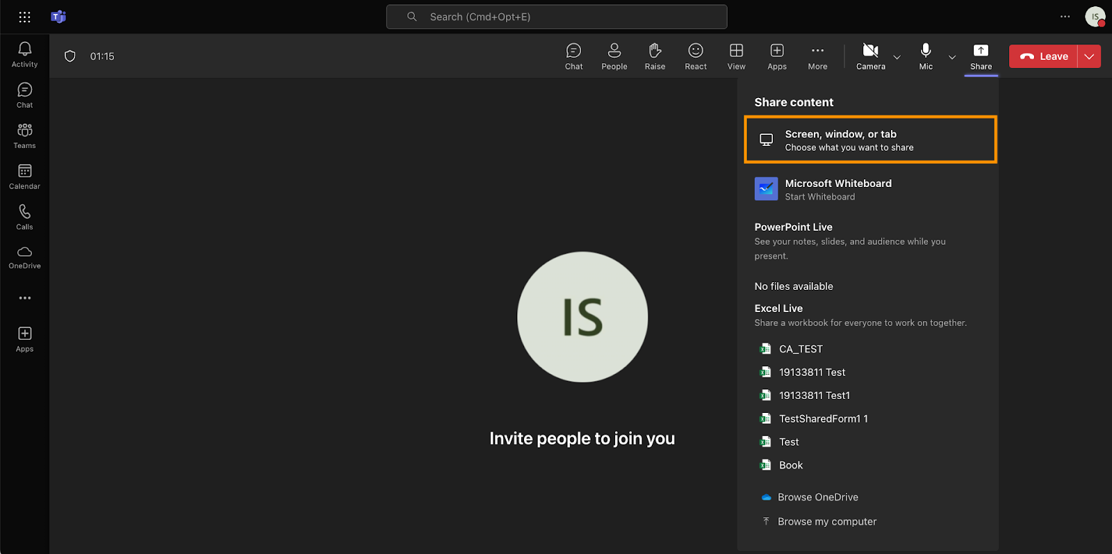 Highlighting the "Screen, window, or tab" Under the Share content Options in Microsoft Teams