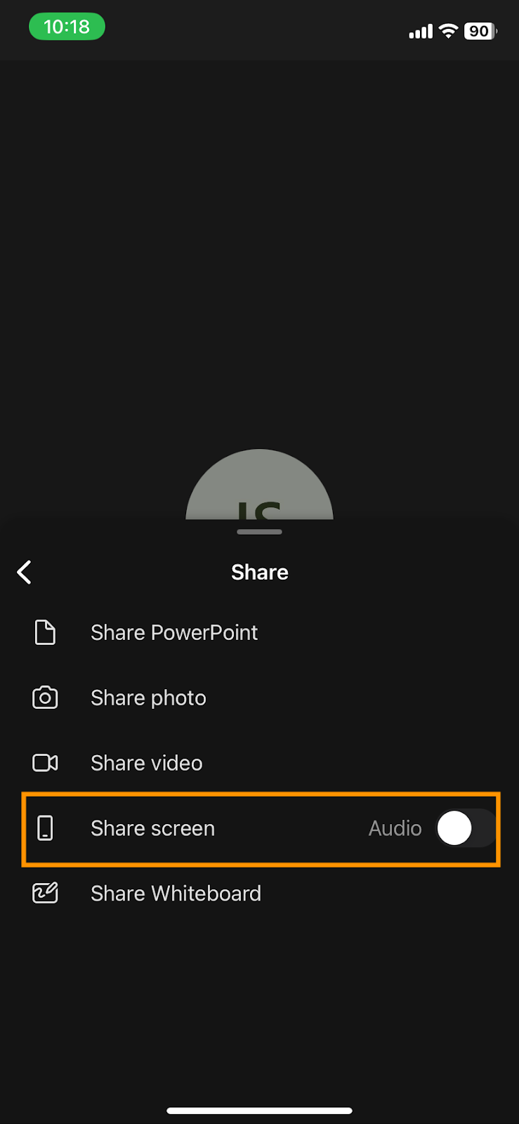 Toggling the Share screen option to On on Microsoft Teams on a iOS Device