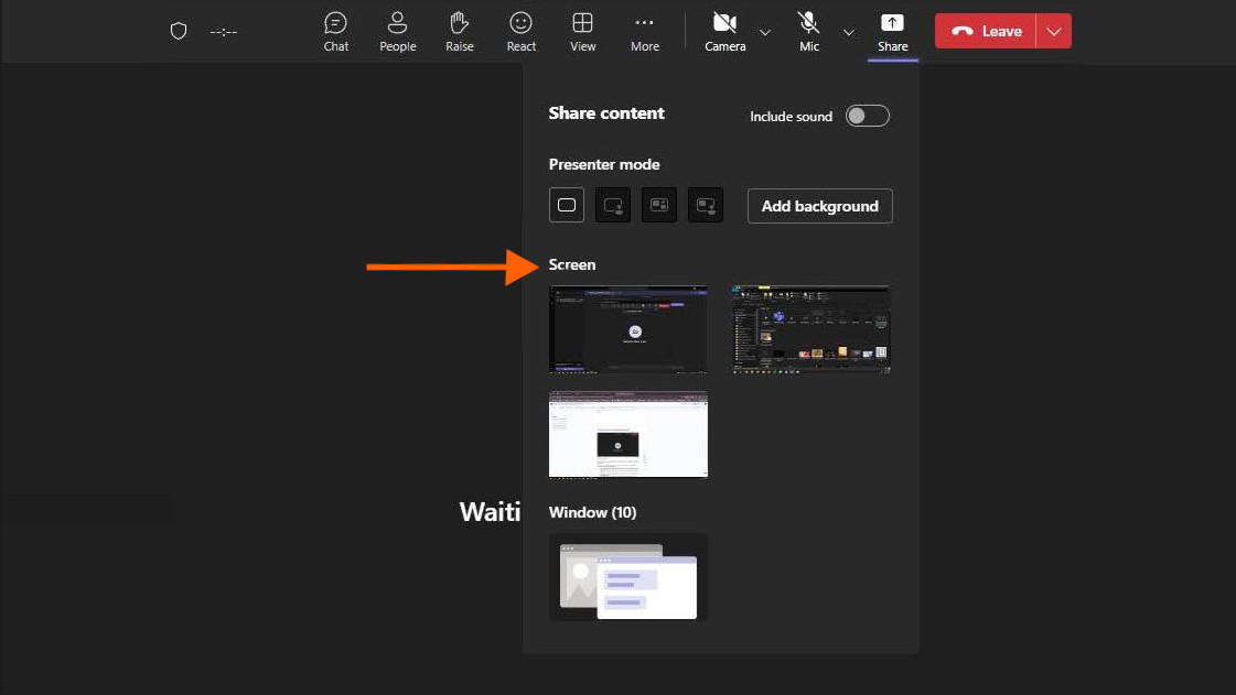 Screenshot on Windows of an orange arrow pointing to "Screen" selection in the center