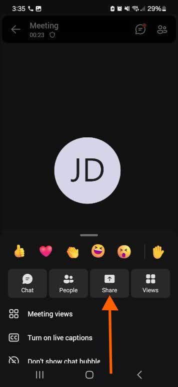 Screenshot on Android of an orange arrow pointing to "Share" near the middle right