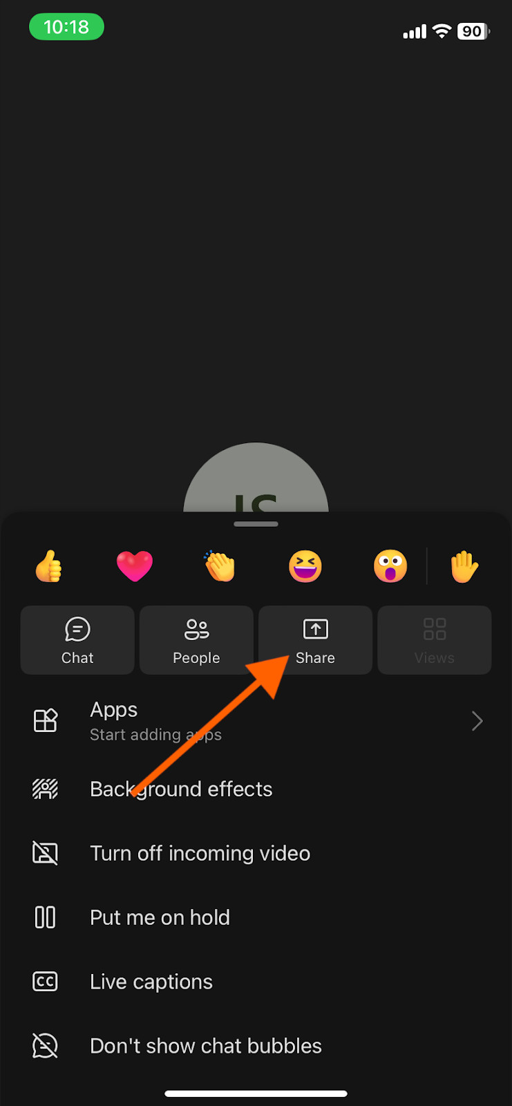 Clicking on the Share Button on Microsoft Teams on a iOS device