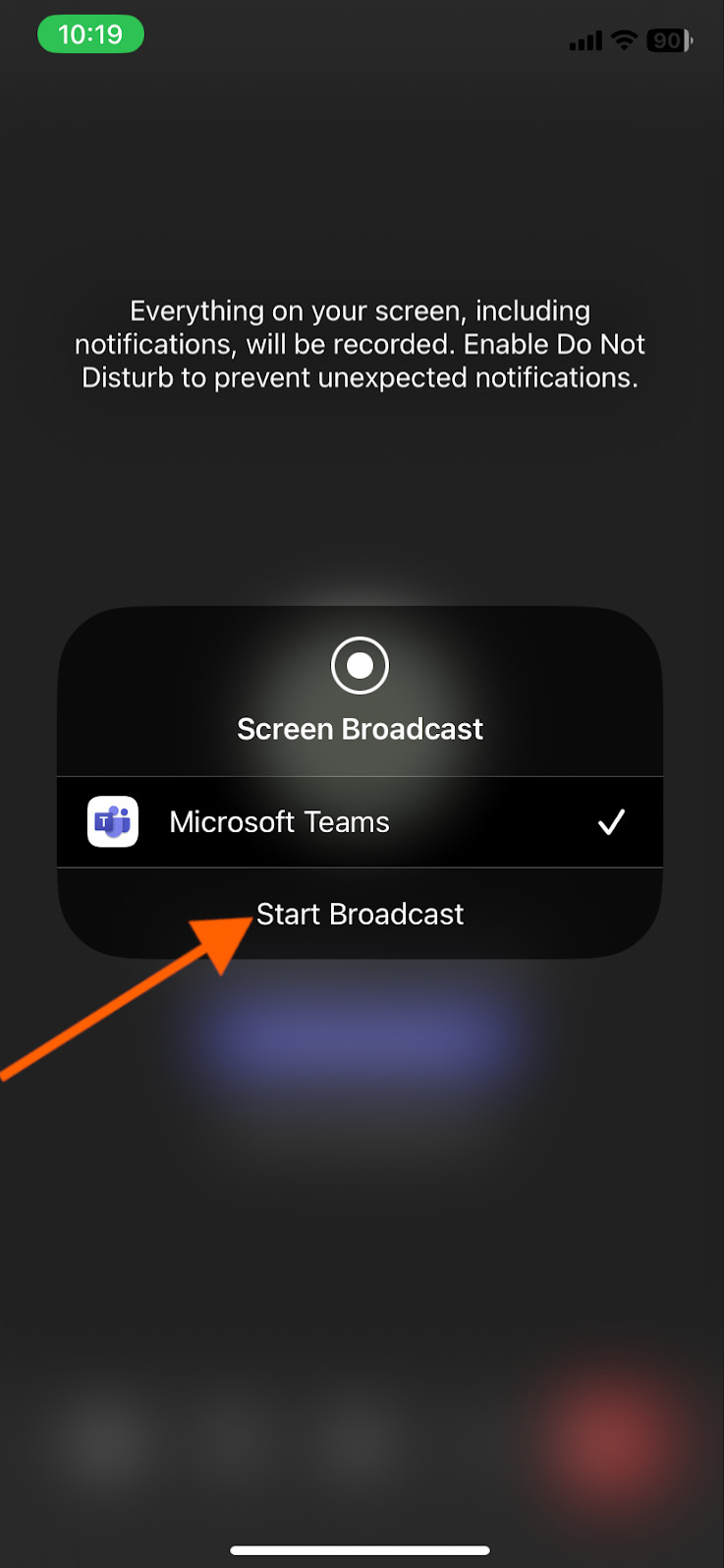 iOS Screenshot, orange arrow pointing to "Start broadcast'