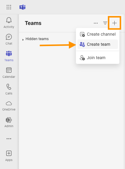 A screenshot showing the Teams section in Microsoft Teams with the Create team option highlighted