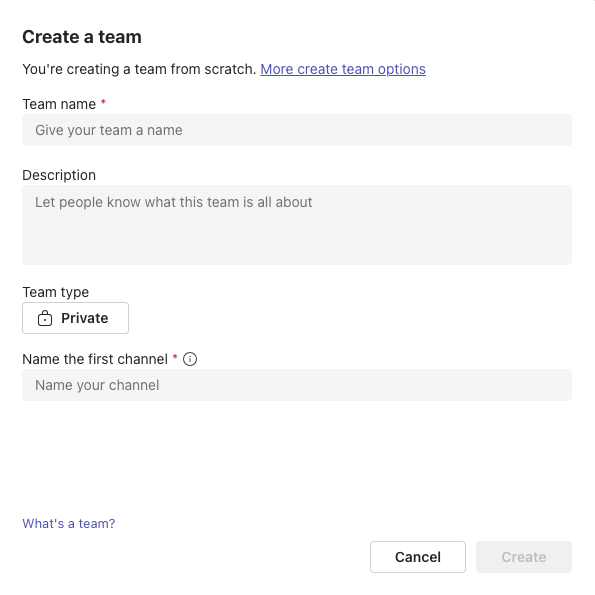 A screenshot of the dialog box for creating a new team in Microsoft Teams