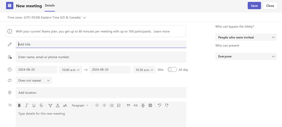 A screenshot of the dialog box for adding the details of a new meeting in Microsoft Teams