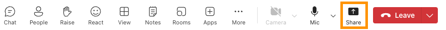 A screenshot of the meeting controls in a Microsoft Teams meeting, with the Share option highlighted