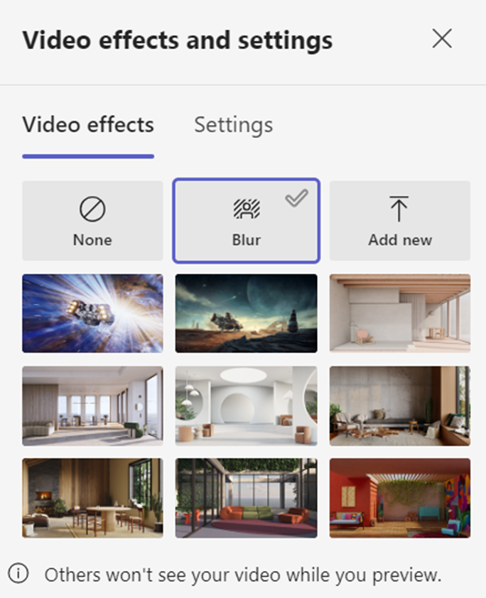 A screenshot of screen for changing your background in Microsoft Teams showing the blur option