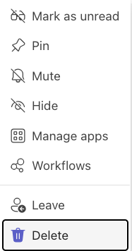 Clicking on the Delete option from the dropdown in Microsoft Teams