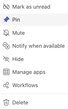 Selecting the Pin option from the dropdown in Microsoft Teams