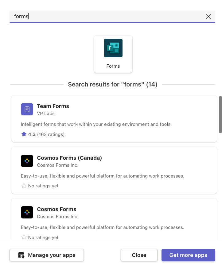 Screenshot of the app search window under new channels in Microsoft Teams
