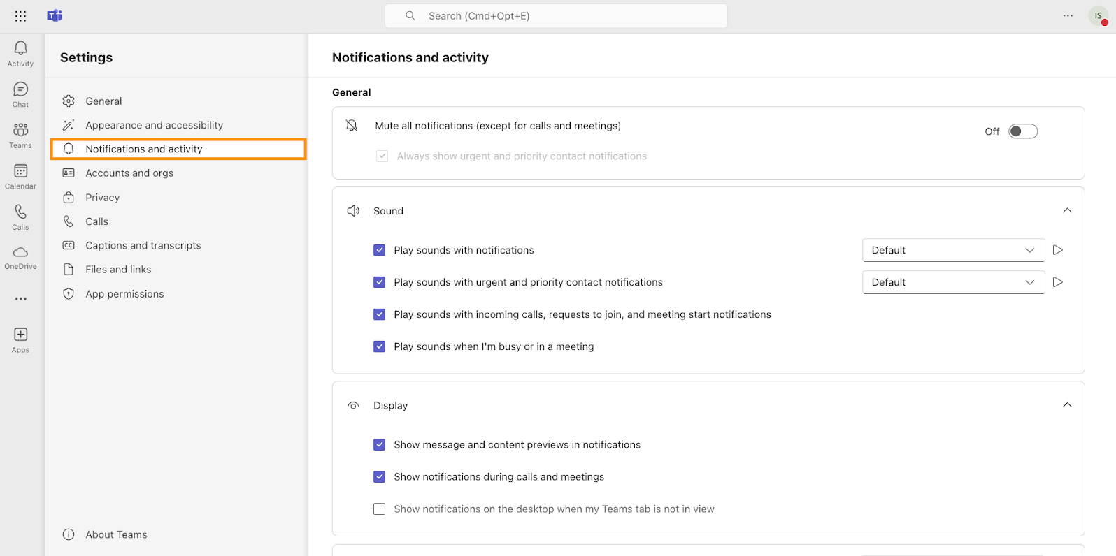 Screenshot of Microsoft Teams Settings options, with Notifications and activity highlighted