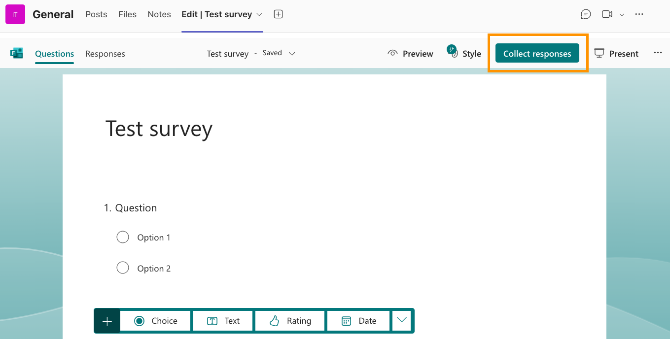 Screenshot of a Microsoft Form embedded in a channel in Microsoft Teams, with the Collect responses button highlighted