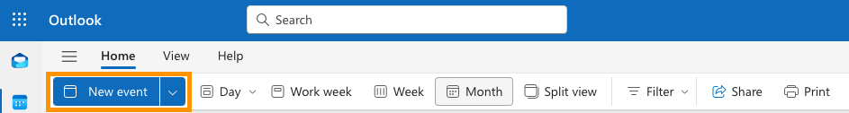 Screenshot of the Outlook calendar web app, with the "New event" button highlighted