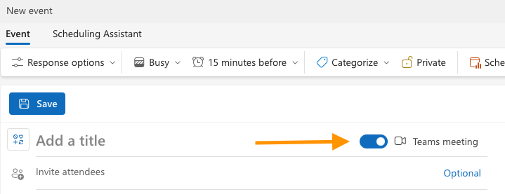 Screenshot of creating a new event in Outlook