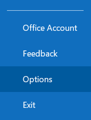Screenshot of the File tab options in Outlook, with Options highlighted
